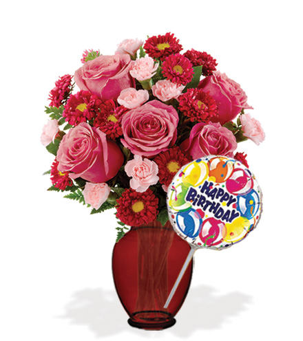 Radiant Charms with Vase & Birthday Balloon Flower Delivery