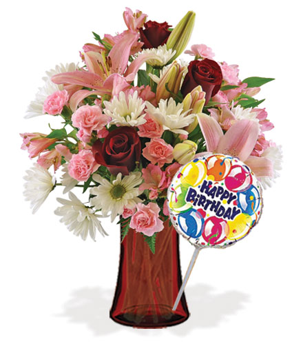Stunning Red with Vase &amp; Birthday Balloon Flower Delivery