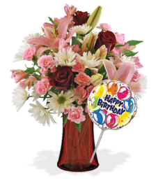 Stunning Red with Vase & Birthday Balloon Flower Delivery