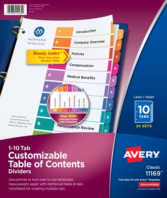 Avery(r) Ready Index(r) Paper/Plastic Table of Contents Dividers for Laser/Inkjet, Numbered 1-10, Multicolor, 24 Sets/Pack (11169)