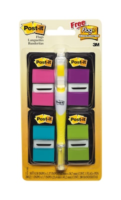 Post-it(r) Assorted Flag Bonus Pack w/ Flag + Highlighter, 1&quot; Wide, Assorted Colors (680PPBGVA)