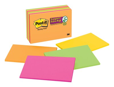 Post-it(r) Super Sticky Meeting Notes, 6" x 4", Rio De Janeiro Collection, 8/Pads (6445-SSP)