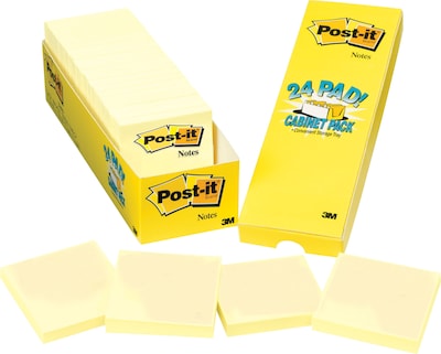 Post-it(r) Notes Cabinet Pack, 3" x 3", Canary Yellow, 24/Pads (654-24CP)