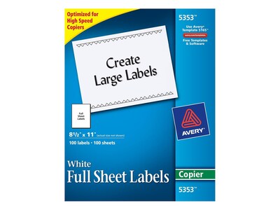 Avery Copier Shipping Labels, 8 1/2&quot; x 11&quot;, 1/Sheet, 100 Sheets/Pack (5353)