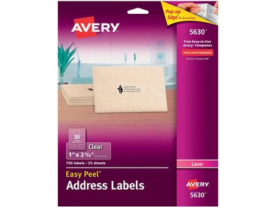 Avery Easy Peel Laser Address Labels, 1" x 2 5/8", Clear, 30 Labels/Sheet, 25 Sheets/Pack (5630)