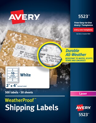 Avery WeatherProof Laser Shipping Labels, 2" x 4", White, 10 Labels/Sheet, 50 Sheets/Box (5523)