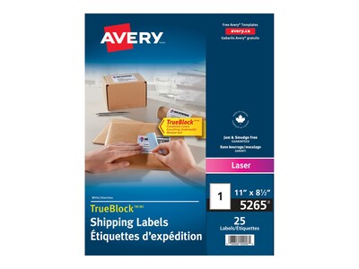 Avery TrueBlock Laser Shipping Labels, 8 1/2" x 11", White, 1/Sheet, 25 Sheets/Pack (5265)