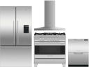 Fisher & Paykel Series 7 Contemporary 4 Piece Kitchen Appliances Package with French Door Refrigerator, Gas Range and Dishwasher in Stainless Steel FP