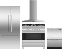 Fisher & Paykel Active Smart Contemporary 4 Piece Kitchen Appliances Package with French Door Refrigerator, Gas Range and Dishwasher in Stainless Stee